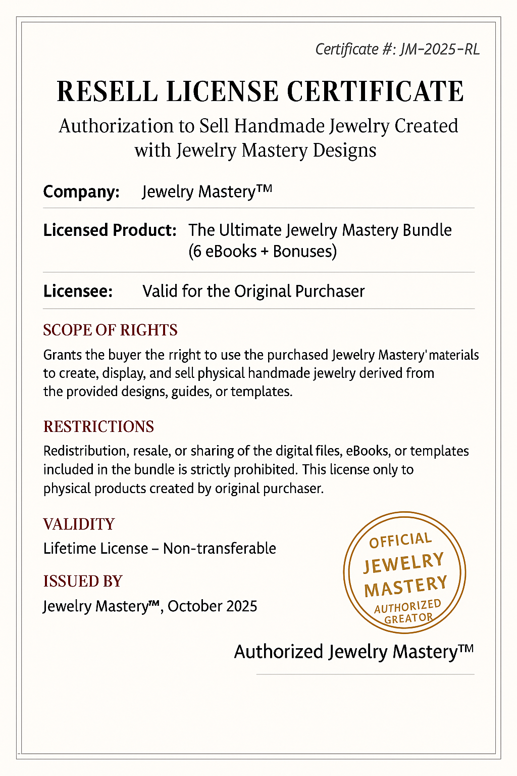 Official Resale License Certificate