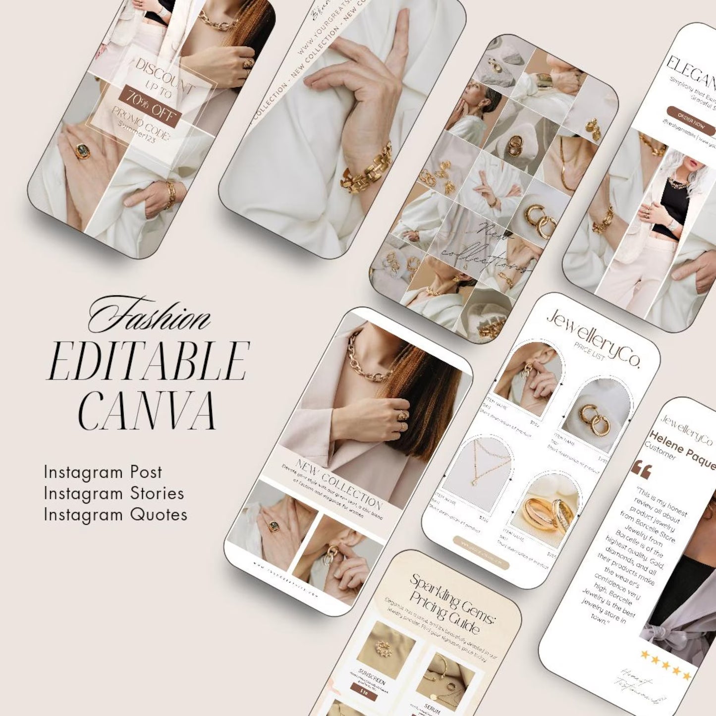 Jewelry Instagram Templates – 60 Editable Canva Designs (Posts + Stories)